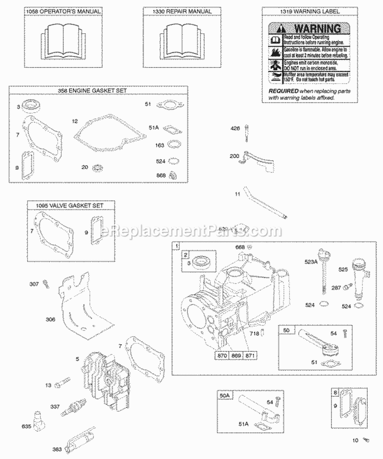 Cylinder Cylinder Head Gasket Set - Engine Gasket Set - Valve Lubrication OperatorS Manual Warning Label Diagram and Parts List for 09L902-0132-E1  Briggs and Stratton Engine